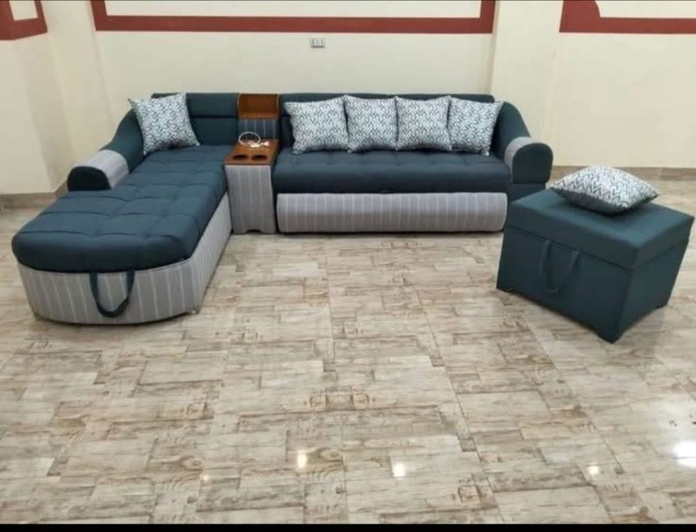 L-Shaped Multi-Functional Sofa Set with Storage Ottoman & Center Console – Dual-Tone Fabric Design (Teal & Grey)