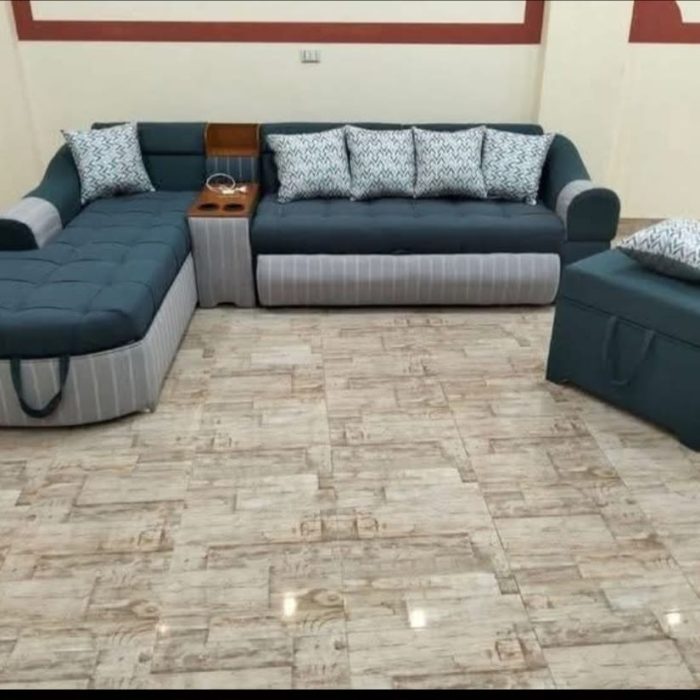 L-Shaped Multi-Functional Sofa Set with Storage Ottoman & Center Console – Dual-Tone Fabric Design (Teal & Grey)