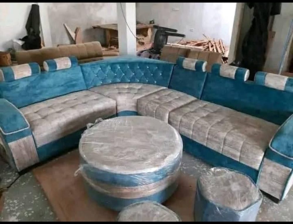 Royal L-Shaped Sofa Set with Round Ottoman & Headrest Cushions – Velvet Fabric (Blue & Beige)