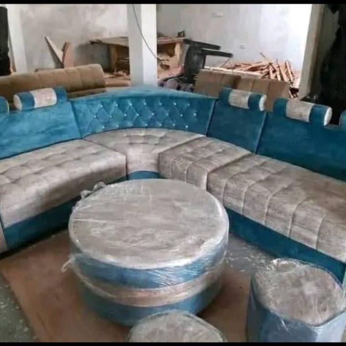 Royal L-Shaped Sofa Set with Round Ottoman & Headrest Cushions – Velvet Fabric (Blue & Beige)