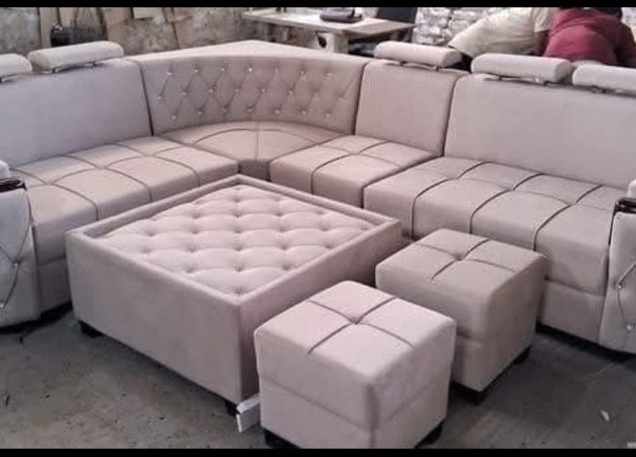 Luxury U-Shaped Sectional Sofa Set with Tufted Ottoman & Stools – Premium Modular Seating (Beige)