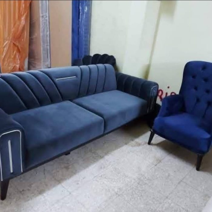 Modern Velvet 3-Seater Sofa with Wingback Accent Chair – Midnight Blue Elegance