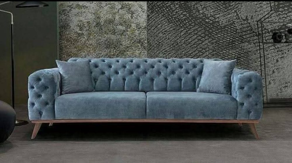 Modern Chesterfield Velvet Sofa – Powder Blue with Wooden Base