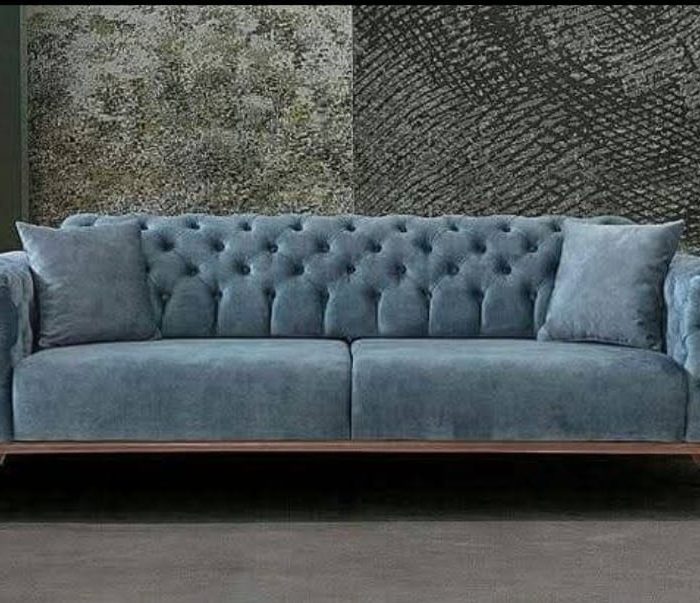Modern Chesterfield Velvet Sofa – Powder Blue with Wooden Base