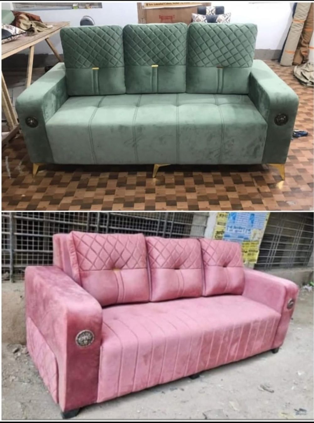 Royal Luxe Quilted Velvet Sofa – Available in Mint Green & Blush Pink