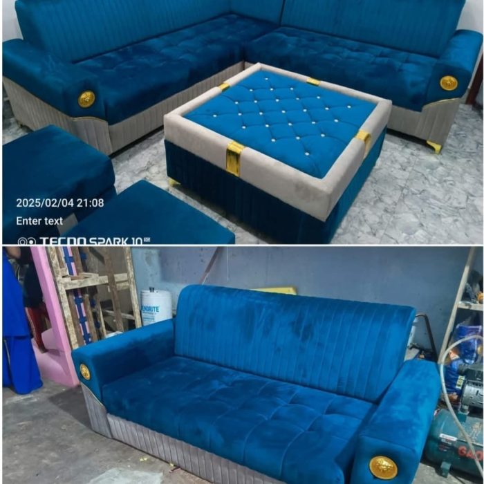 Luxury Royal Blue Velvet Sofa Set – 6-Seater with Ottoman