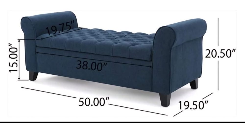 Navy Blue Tufted Storage Bench with Rolled Arms – 50" Upholstered Ottoman