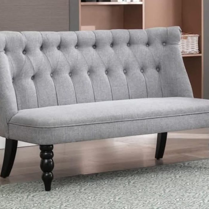 Light Grey Tufted Armless Settee – Upholstered Accent Bench with Turned Legs