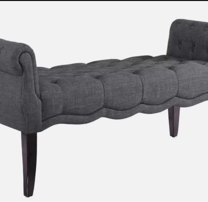 Tufted Dark Grey Upholstered Bench with Rolled Arms – Elegant Accent Seating