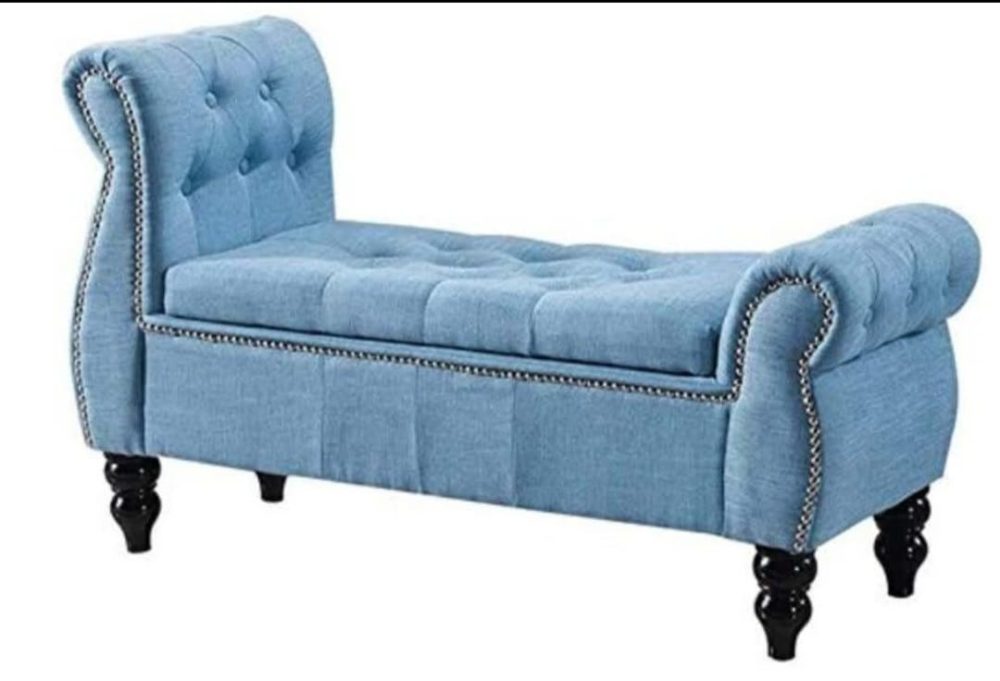 Tufted Blue Storage Bench with Rolled Arms & Nailhead Trim – Elegant Upholstered Ottoman