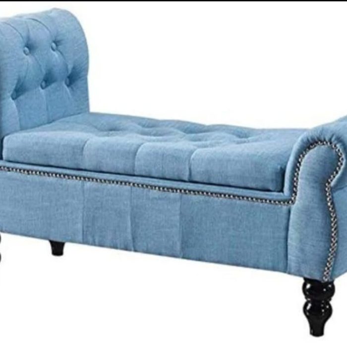 Tufted Blue Storage Bench with Rolled Arms & Nailhead Trim – Elegant Upholstered Ottoman