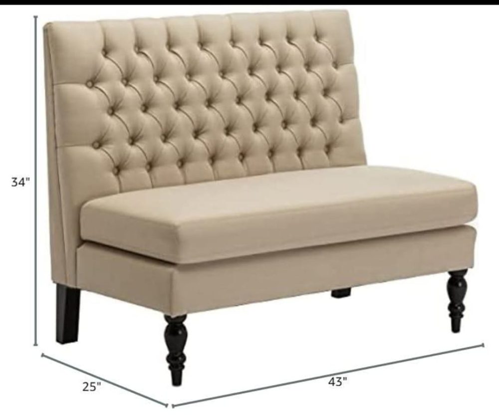 Beige Upholstered Tufted Settee with Curved Arm Design – Elegant 2-Seater Accent Bench