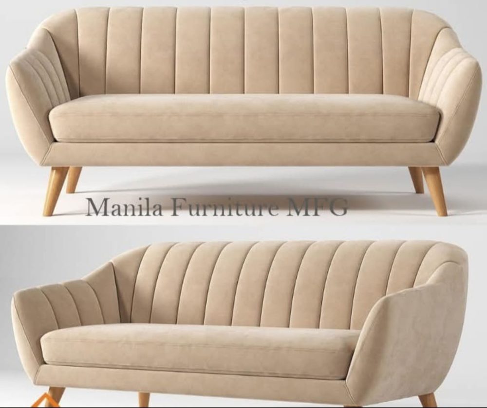 Scandinavian Beige Velvet 3-Seater Sofa – Channel Tufted Mid-Century Modern Couch