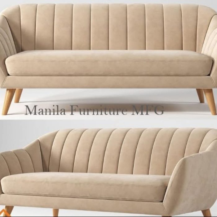 Scandinavian Beige Velvet 3-Seater Sofa – Channel Tufted Mid-Century Modern Couch