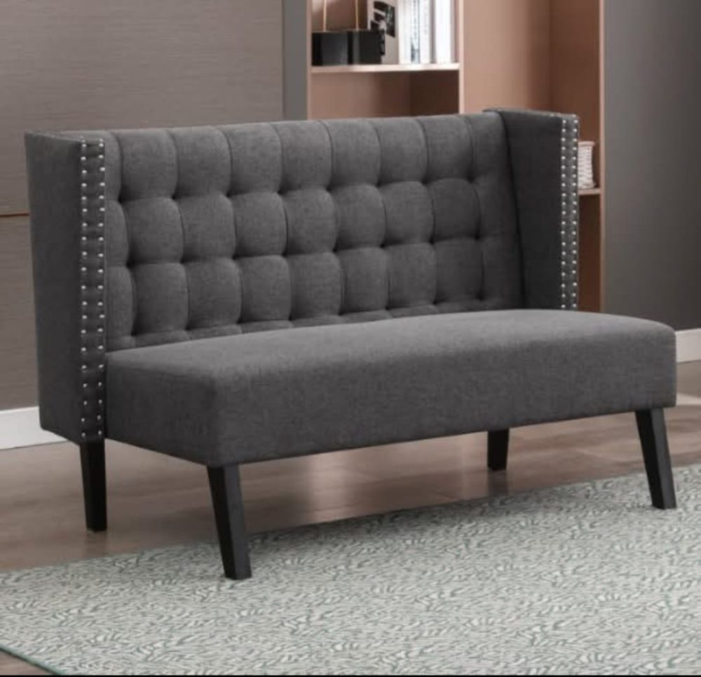 Modern Charcoal Grey Tufted Wingback Settee with Nailhead Trim – 2-Seater Upholstered Accent Bench
