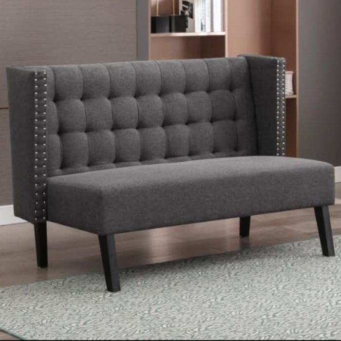 Modern Charcoal Grey Tufted Wingback Settee with Nailhead Trim – 2-Seater Upholstered Accent Bench