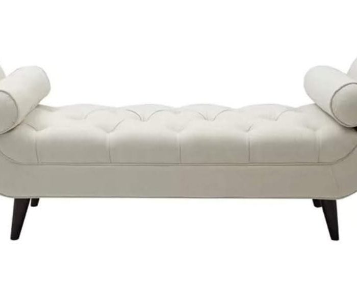 Modern Scroll Arm Tufted Bench Chaise – Cream Velvet Daybed with Bolster Pillows