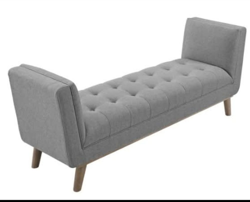 Mid-Century Modern Tufted Bench with Dual Armrests – Grey Upholstery