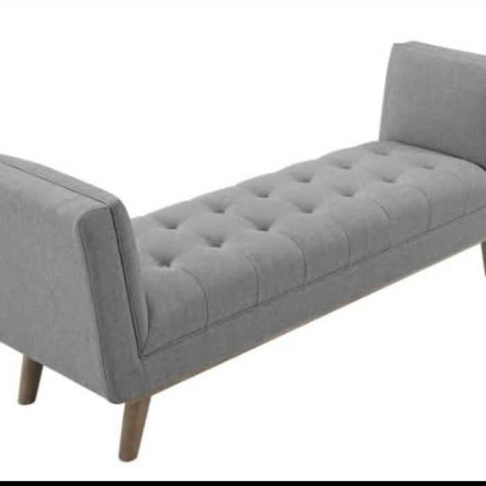 Mid-Century Modern Tufted Bench with Dual Armrests – Grey Upholstery