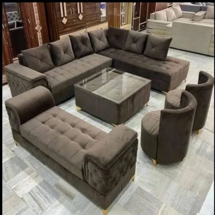 Luxury 7-Piece Velvet Modular Sofa Set with Ottoman & Armchairs – Coffee Brown