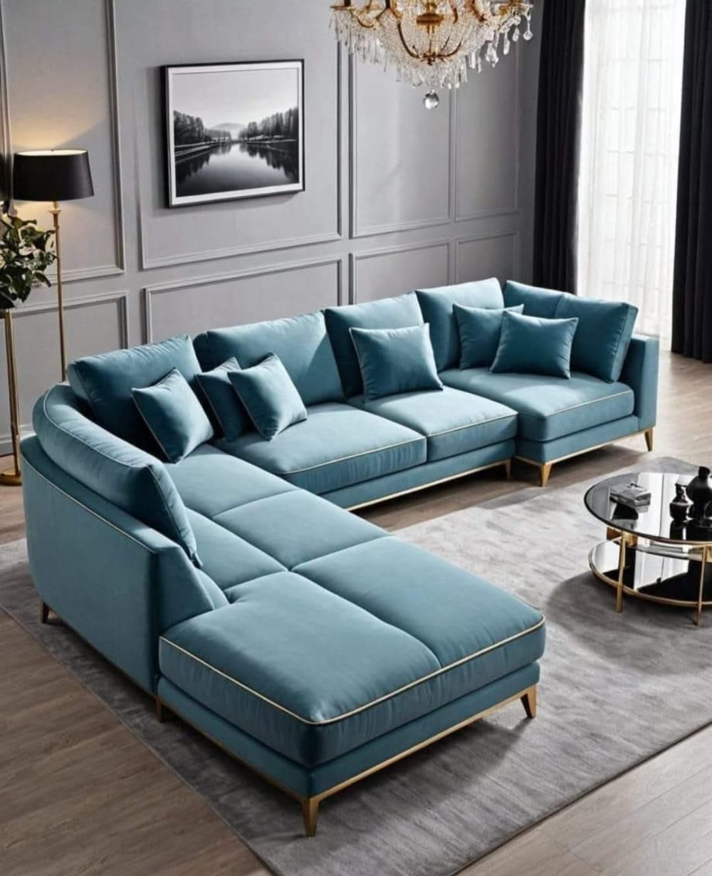 Modern Luxury Velvet L-Shaped Sectional Sofa – Teal Blue with Gold Accents