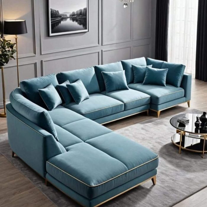 Modern Luxury Velvet L-Shaped Sectional Sofa – Teal Blue with Gold Accents