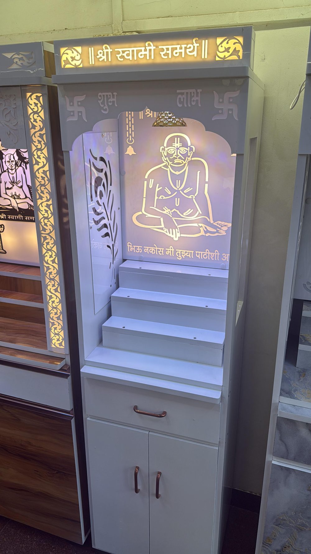 Compact Illuminated Wooden Home Temple | Shri Swami Samarth Mandir