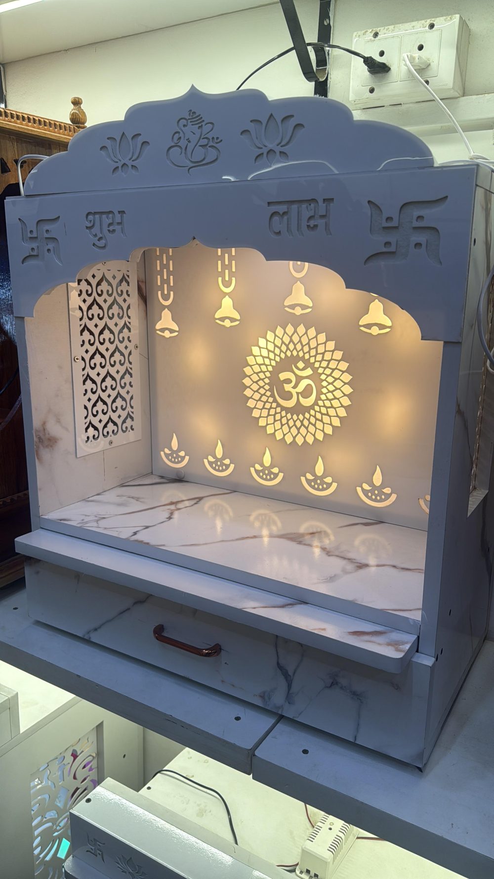 Elegant Marble-Finish Wooden Mandir with LED Om Design | Wall-Mounted/Home Temple