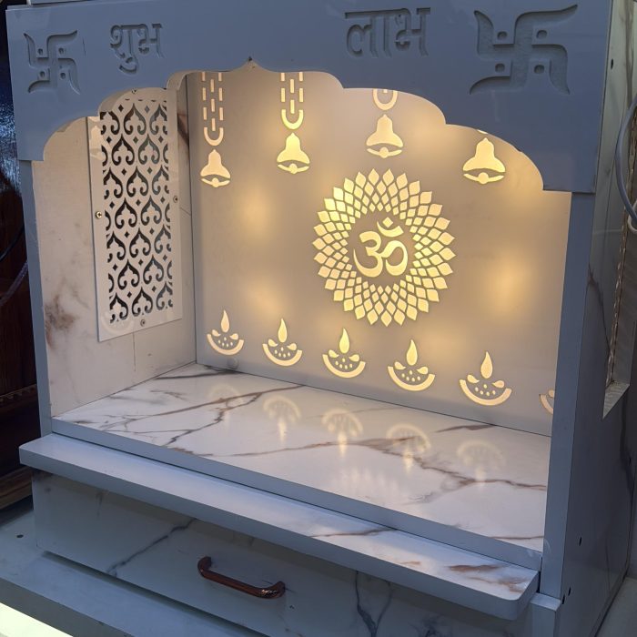 Elegant Marble-Finish Wooden Mandir with LED Om Design | Wall-Mounted/Home Temple