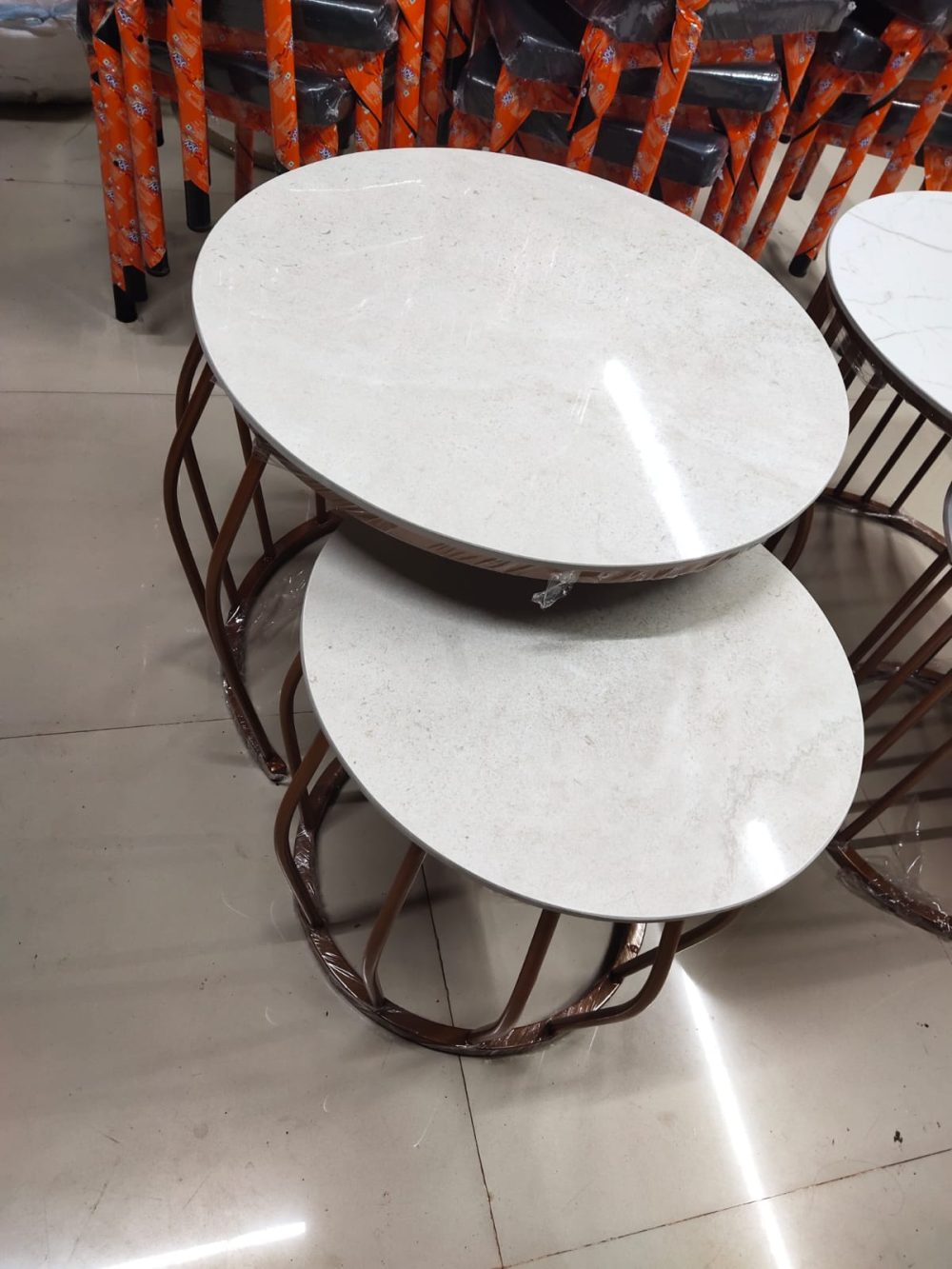 Elegant Nesting Coffee Table Set – White Marble Finish Top with Brown Metal Base (Set of 2)