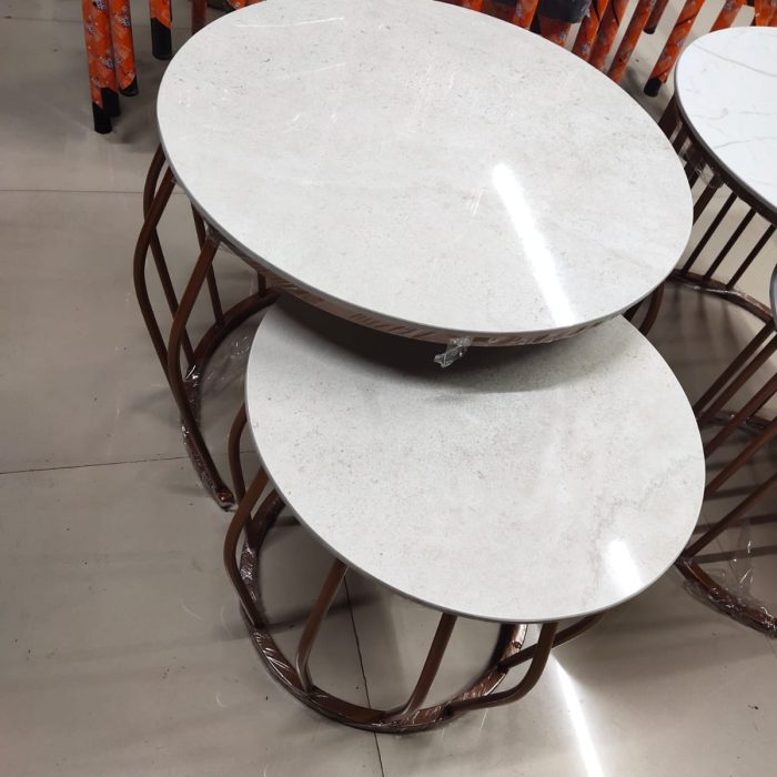 Elegant Nesting Coffee Table Set – White Marble Finish Top with Brown Metal Base (Set of 2)