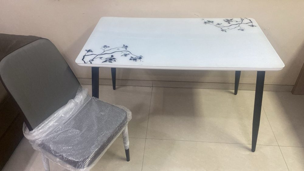 Floral Print Glass Top Dining Table – Elegant White Finish with Black Legs