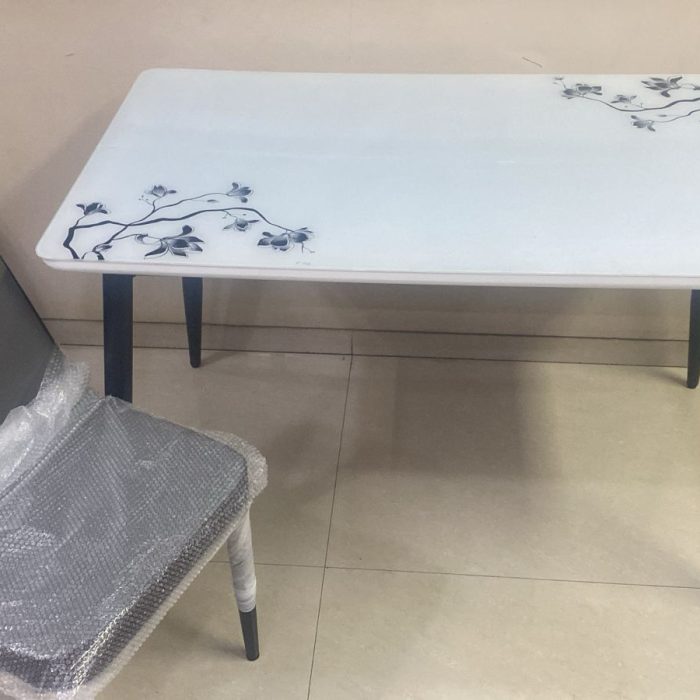 Floral Print Glass Top Dining Table – Elegant White Finish with Black Legs