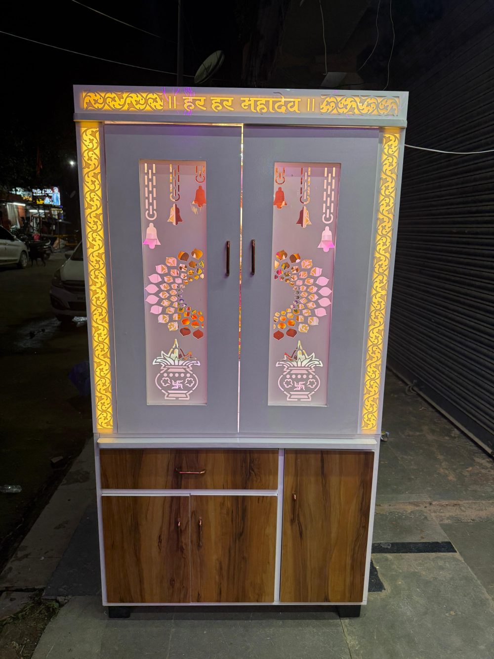 Illuminated Wooden Pooja Mandir with Storage – Designer Temple Cabinet for Home