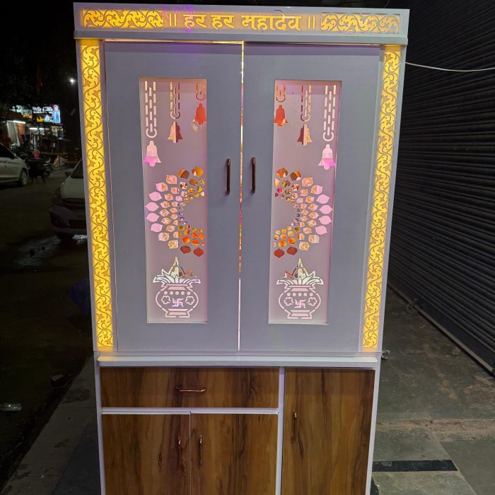Illuminated Wooden Pooja Mandir with Storage – Designer Temple Cabinet for Home