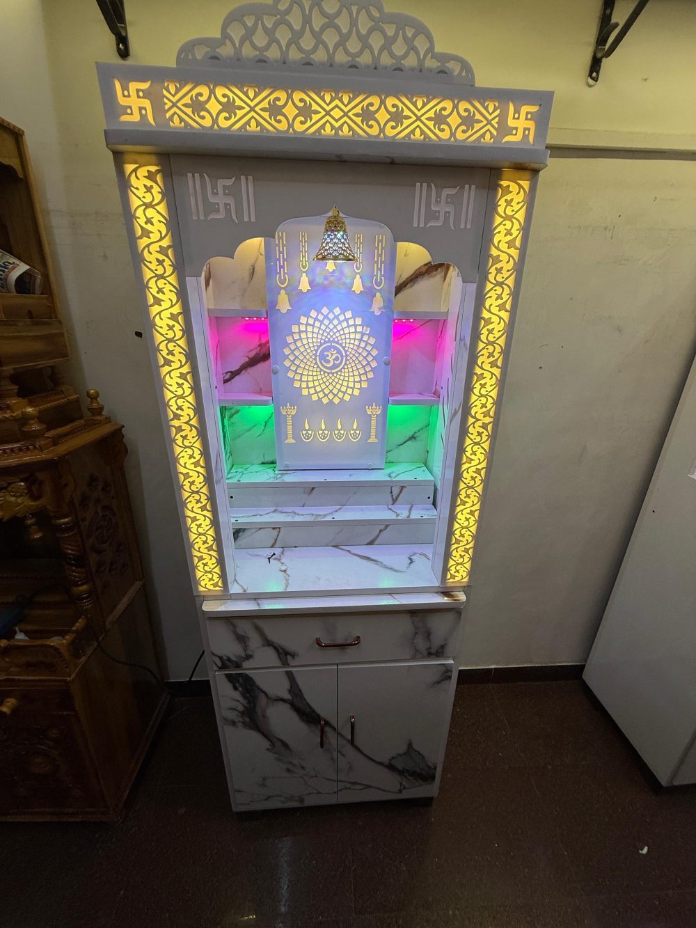LED Marble Finish Wooden Mandir – Elegant Pooja Unit with Storage (Wall Back)
