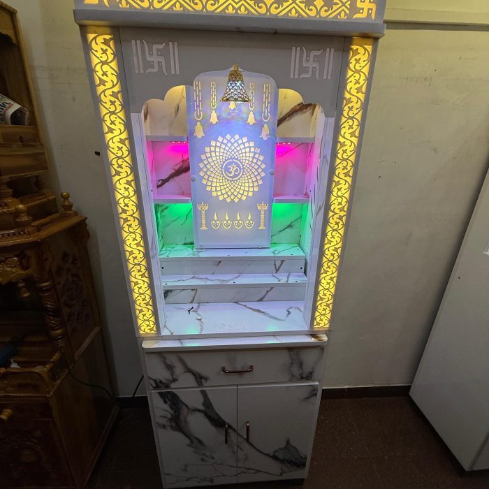 LED Marble Finish Wooden Mandir – Elegant Pooja Unit with Storage (Wall Back)